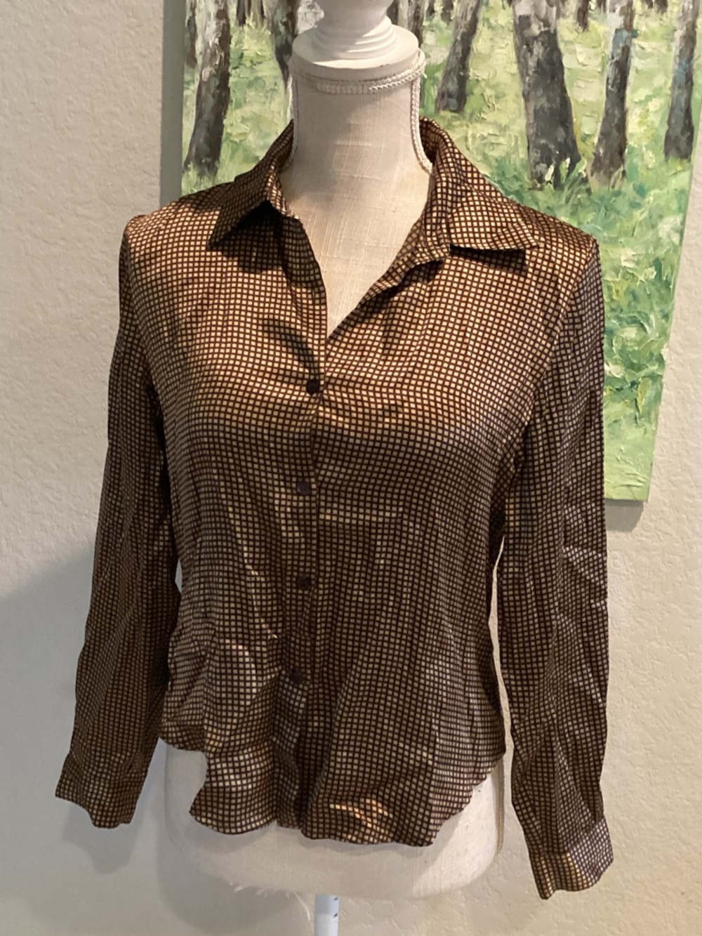 Women’s Brown Patterned Button-Up Blouse 100% Silk